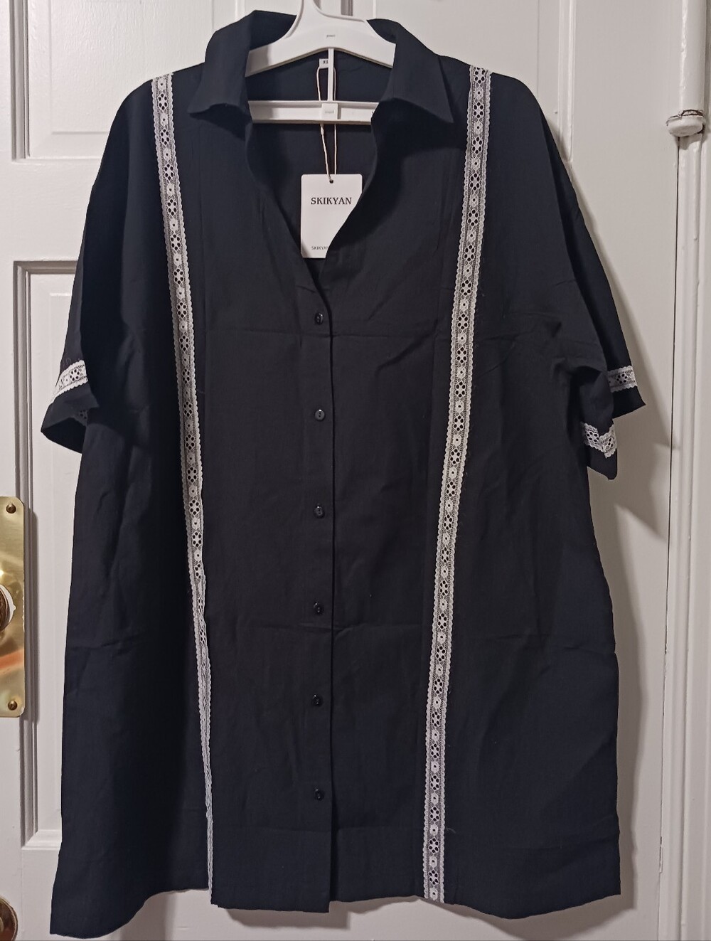 Guayabera Style Shirt Cotton  Black With White Lace Mens Sz XS